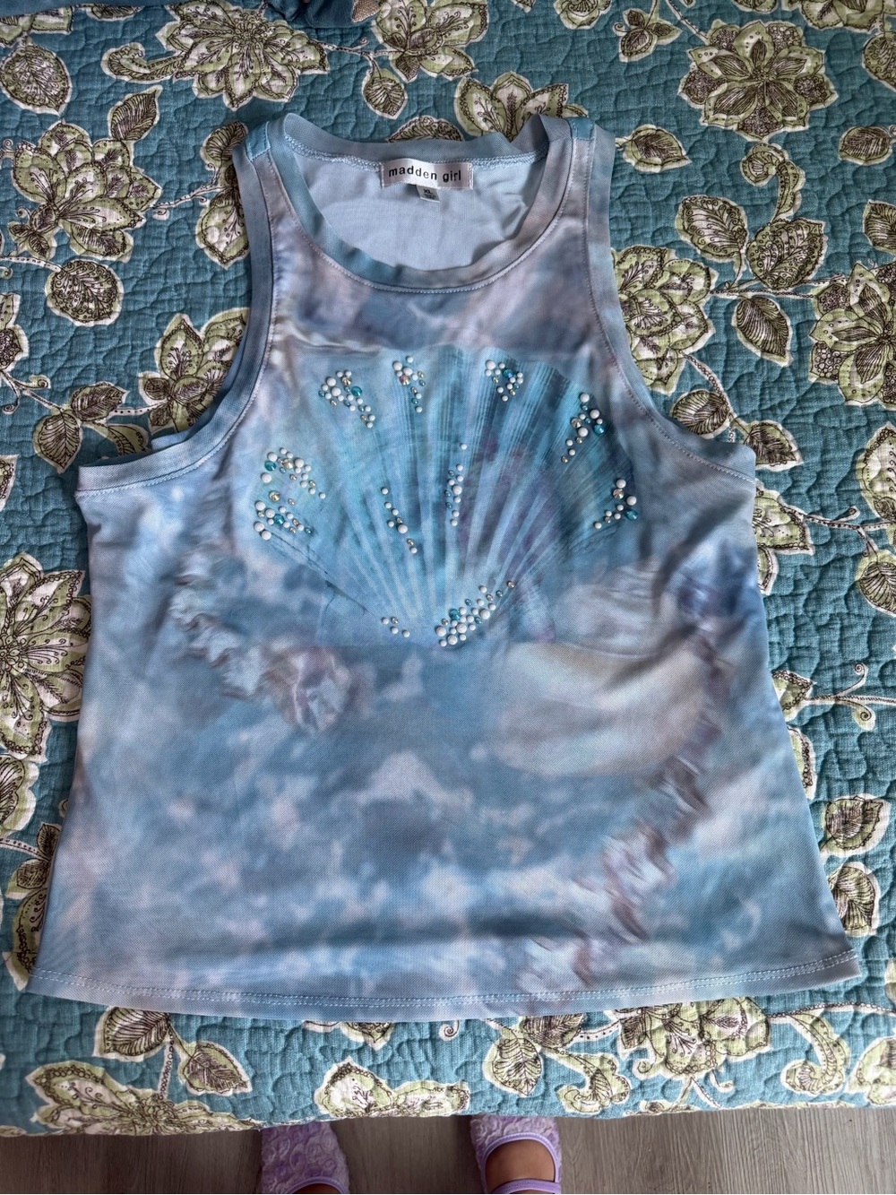Madden Girl Light Blue Tie-Dye Rhinestone Shell Tank